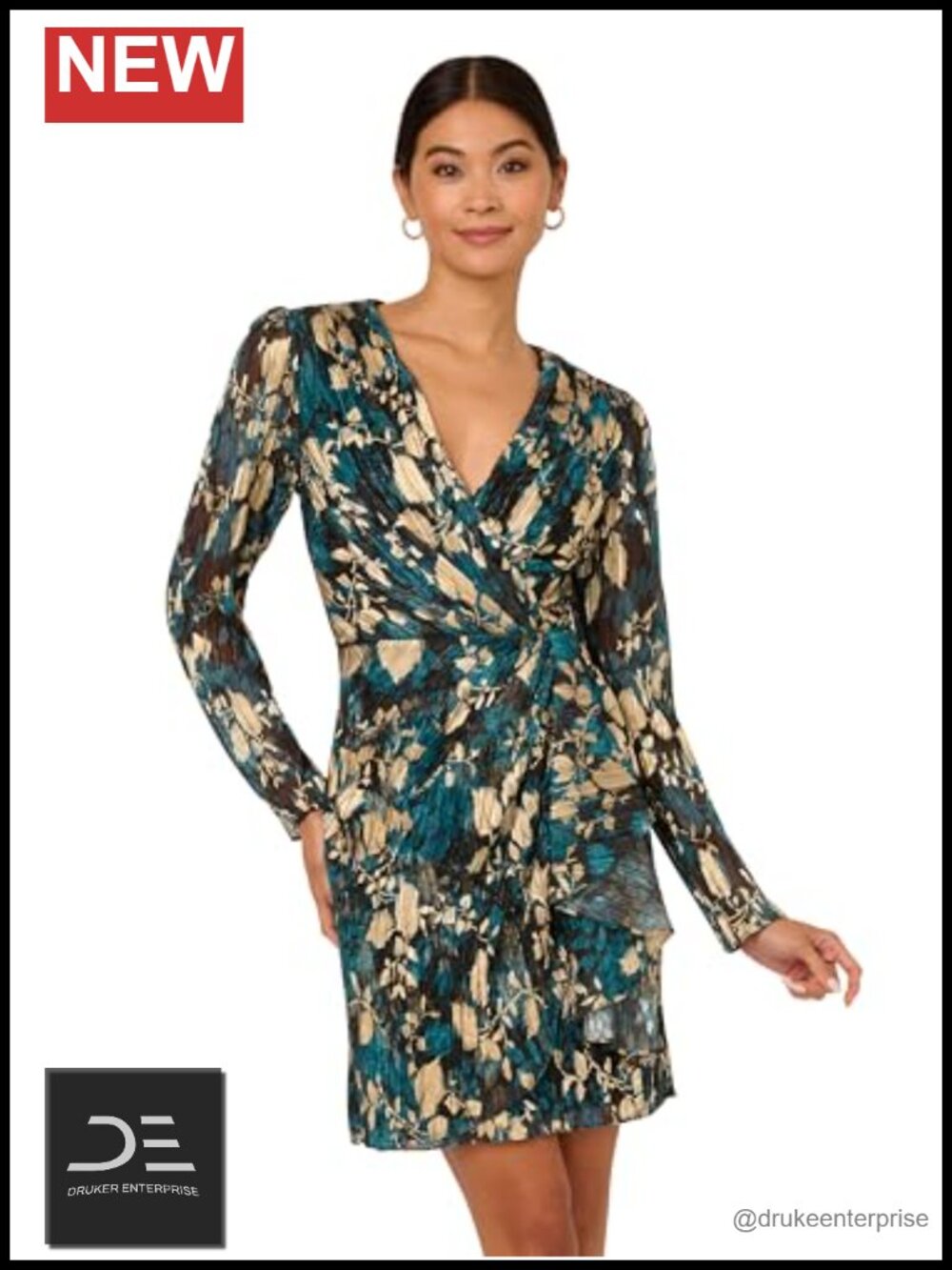 Adrianna Papell Crinkle Foil Wrap Dress Long Sleeve Cocktail Party